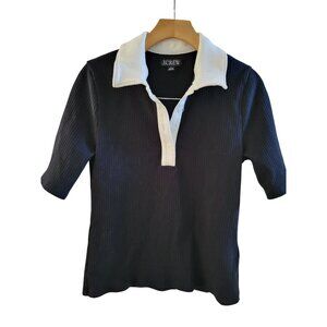 J. Crew Womens Black Ribbed Knit Polo top size large Neutral Minimalist Goth 70s